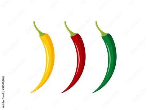 Colorful Hot Chili Peppers Isolated On White Background Yellow Red And Green Chilly Pepper Set