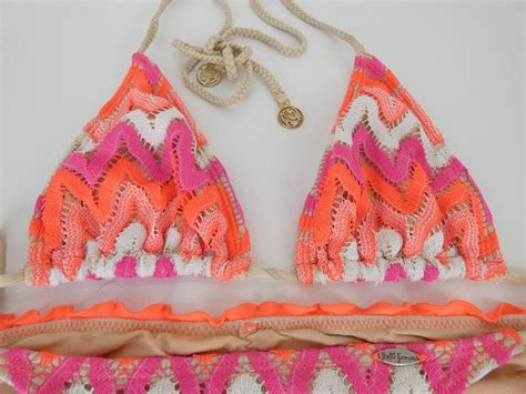 Luli Fama Bikini Triangle Top Crochet Flamingo Beach Gem