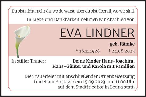 Traueranzeigen Von Eva Lindner Abschied Nehmen De