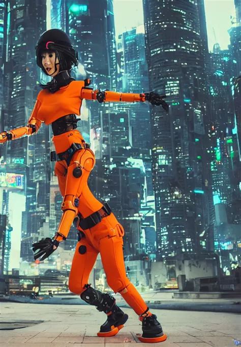 Cyberpunk Asian Robot Cyborg Girl Wearing A Orange Stable Diffusion