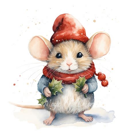 Festive Christmas Cute Mouse, Watercolor Clipart, Book Scrapping, 14 ...