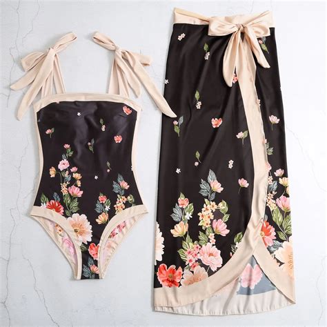 Luxury Elegant Flora Print Bikini Sets Swimsuit Skirt Asymmetrical One Piece Swimwear Female