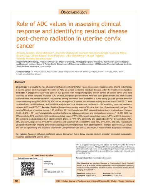 Pdf Role Of Adc Values In Assessing Clinical Response And Identifying