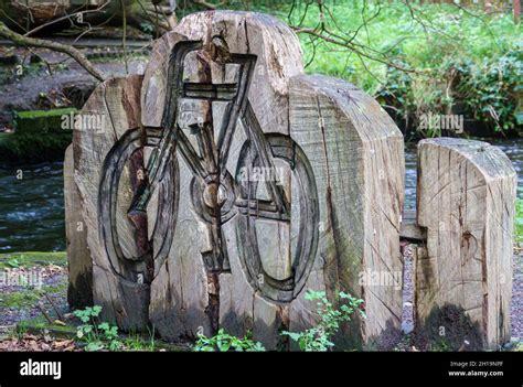 Un Banco De Madera Tallado En Un Tronco De Rbol Con Una Bicicleta