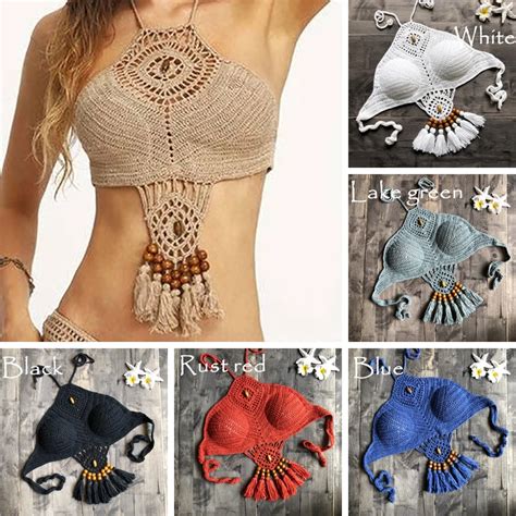 Bikini Top Push Up Bandage Bikini Bra Halter Retro Swimsuit Solid Crochet Tassels Top Women