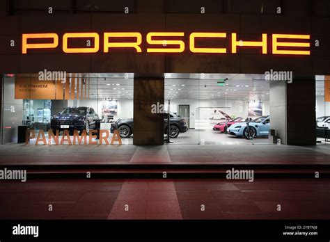 Shanghaichina April 13th 2024 Facade Porsche Car Store At Night Stock