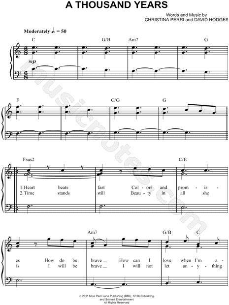 Christina Perri "A Thousand Years" Sheet Music (Easy Piano) in C Major ...