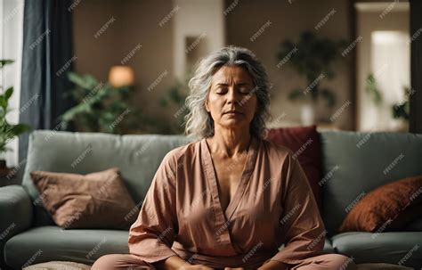 Premium Photo Middle Aged Woman Meditating At Home With Eyes Closed