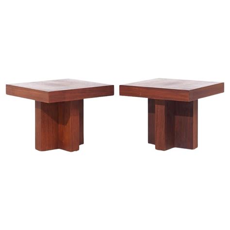 Milo Baughman Style 1922 Mid Century Walnut Cruciform End Tables Pair