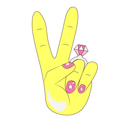 Peace Sign Hand with Painted Bright Nails and Engagement Ring with Big