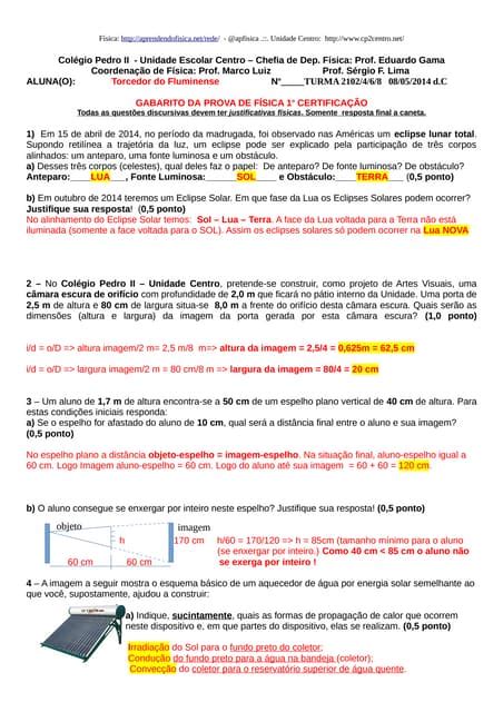 Prova De Física 1 Ano Ensino Médio Com Respostas - Gabarito Prova Física 1 ano Ensino Médio Colégio Pedro II - Centro | PDF