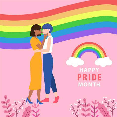Couple Of Lesbian Are In Love With Each Other Kissing In Front Of The Lgbtq Flag Vector On Pink