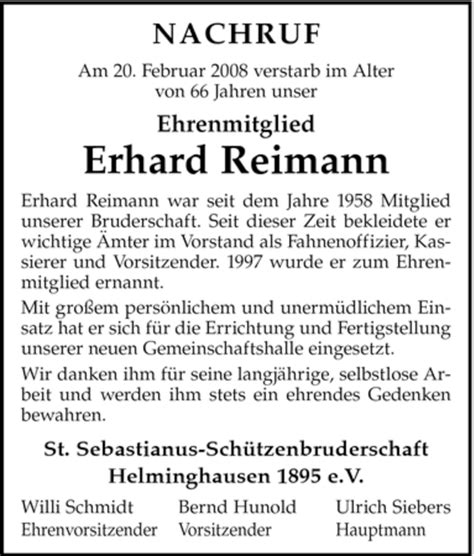 Traueranzeigen Von Erhard Reimann Trauer In NRW De