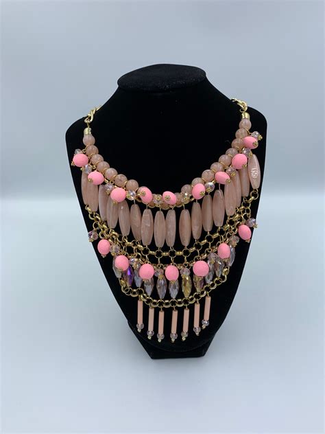 Statement Pink Bib Necklace With Crystals Etsy