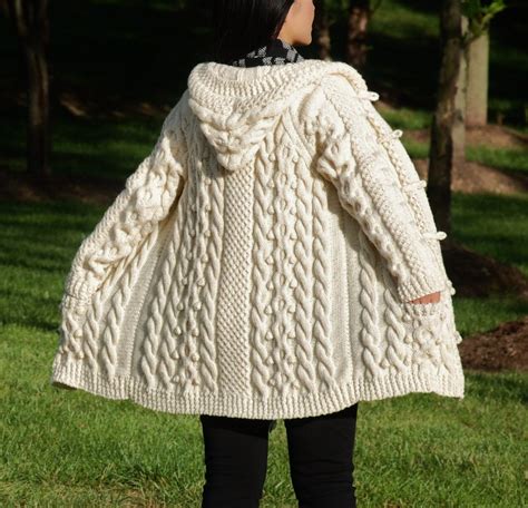 Hand Knit Women Chunky Cable Aran Irish Fisherman Sweater Coat Etsy