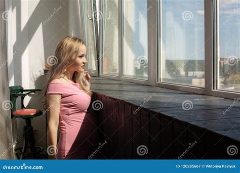 Pretty Blonde Woman Enjoying Summer Day On The Balcony Space For Text Stock Image Image Of