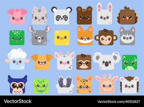 Cute square animal faces cartoon heads Royalty Free Vector