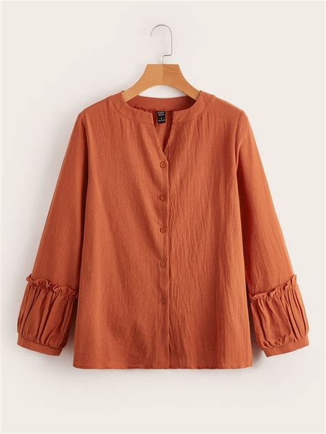 Frill Trim Button Front Blouse Fashion Top Outfits Stylish Dress