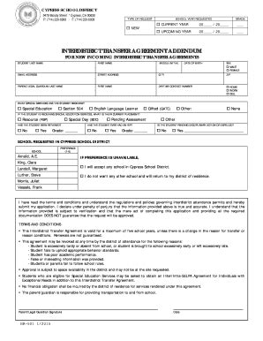 Fillable Online INTERDISTRICT TRANSFER AGREEMENT ADDENDUM School Loop