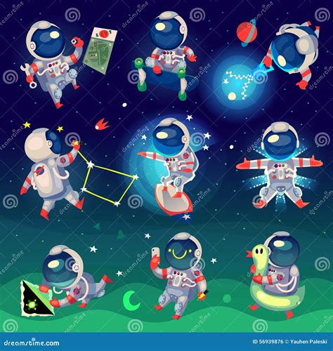 Set Of Cute Astronauts In Space Stock Illustration - Image: 56939876