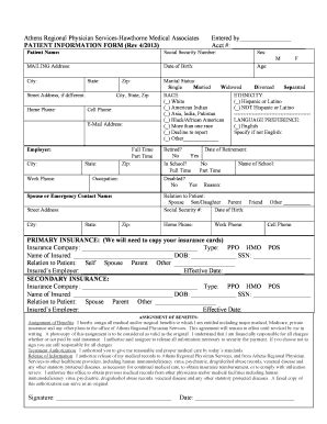 Fillable Online PATIENT INFORMATION FORM Rev 42013 Patient Name S M W