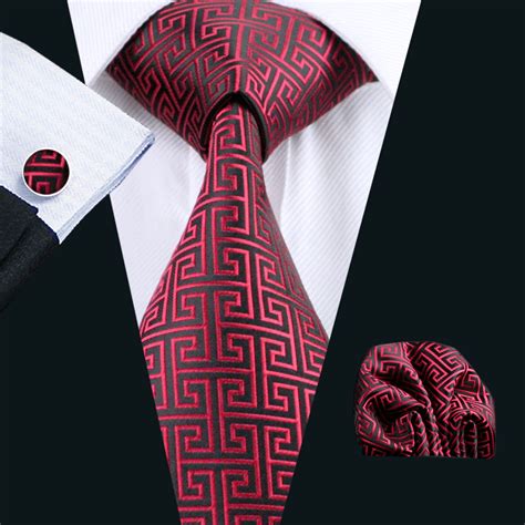 2019 Classic Red Black Tie Set Hanky Cufflinks Jacquard Woven Mens Tie