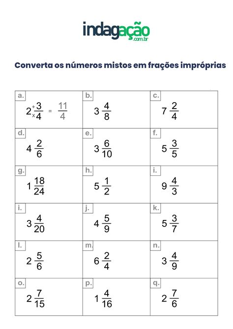 Converta os números mistos em frações impróprias | Fração imprópria