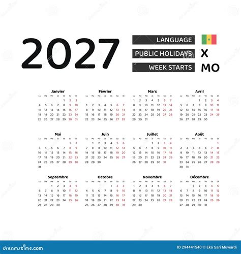 Calendar 2027 French Language with Senegal Public Holidays. Stock