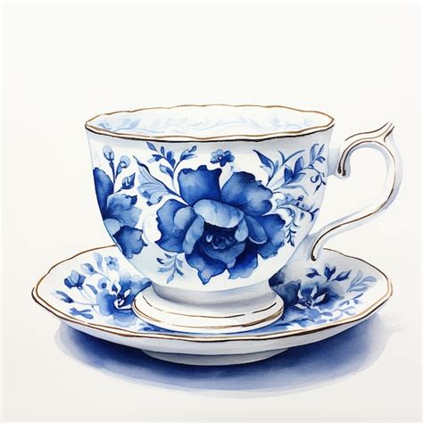 Premium AI Image Teacup Watercolor Flower Art Afternoon Tea Blue On