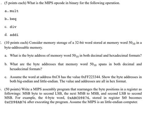 Solved Points Each What Is The Mips Opcode In Binary Chegg