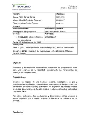 Actividad 2 investigacion de operaciones Investigación de Operaciones