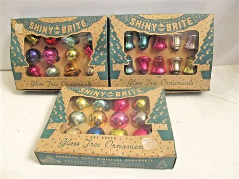 Three Sets Vintage Shiny Brite Miniature Glass Christmas Ornaments Unused In Box Antique