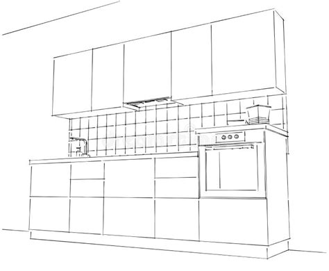 Sketch Contour Drawing Of D Modern Corner Kitchen Interior Black And