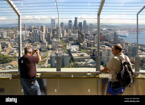 Tourists on the observation deck, Space Needle, Seattle, USA Stock ...