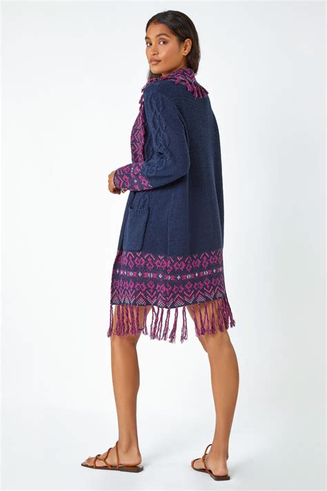 Midnight Blue Aztec Fringed Longline Cardigan Roman Uk