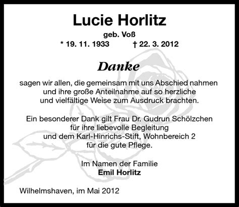 Traueranzeigen Von Lucie Horlitz Nordwest Trauer De