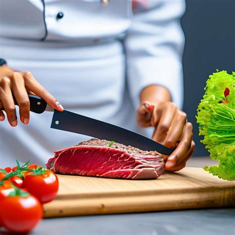 Premium Ai Image Chef Cuts Beef Into Steaks On A Wooden Plank