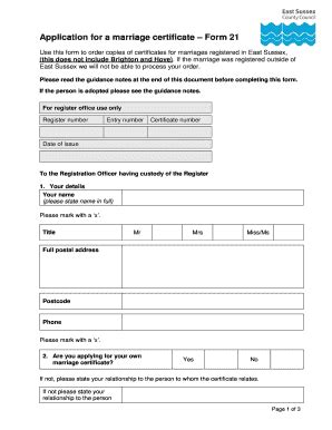 Fillable Online Eastsussex Gov Application For A Marriage Certificate