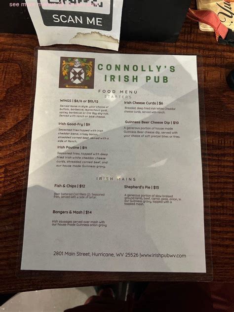 Menu at Connolly's Irish Pub, Hurricane