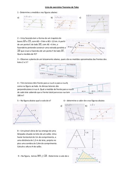 Exercícios Teorema De Tales 9 Ano - teorema de tales exercicios resolvidos 9 ano - wood scribd braxin