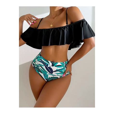 Ba Ador Bikini Con Estampado De Planta Ribete Con Fruncido Parati