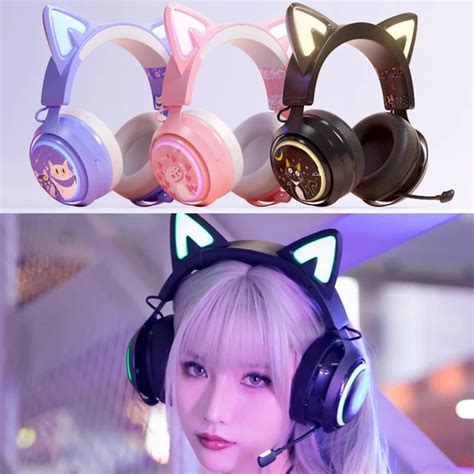 Gs510 Rosa Gato Orelha Fones De Ouvido Com Rgb Led Luz Flex Vel Mic Gaming Headset