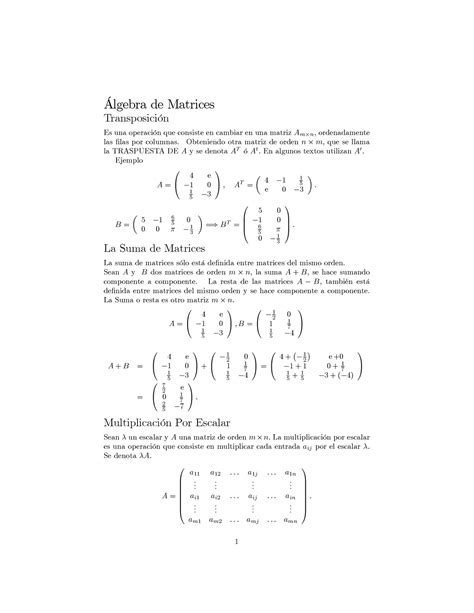 Operac Matriciales Apuntes Para Operar Con Matrices Lgebra De