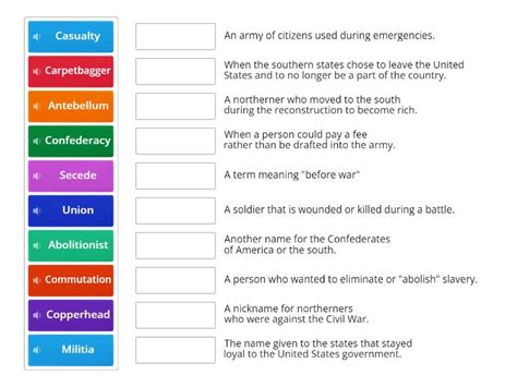 Civil War Vocabulary Words Match Up