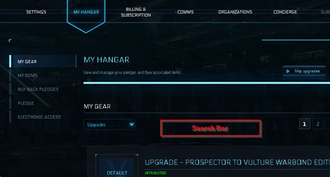 My Hangar Page Search Function Show X Items Per Page Menu Star