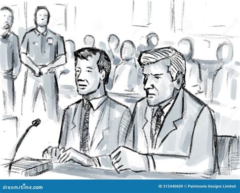 Courtroom Trial Sketch Showing Judge And A Male Witness On Stand Taking