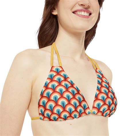 Retro Strappy Bikini Set Groovy Geometrical Designer Swimming Suit