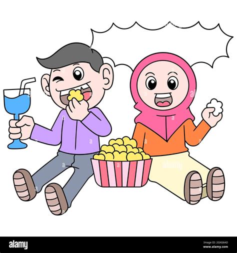 Muslim Boy And Girl Are Sitting Together Eating Iftar Dishes Stock