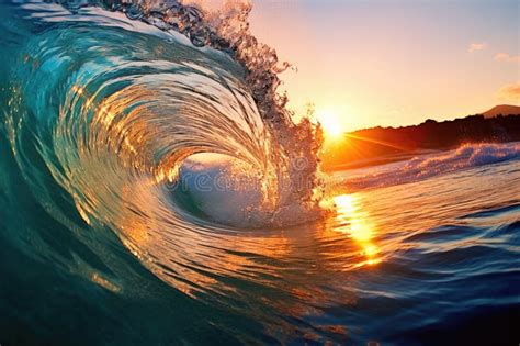 The Large Ocean Wave Hitting The Shore At Sunset Generative Ai Stock