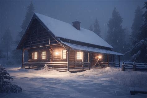 Premium AI Image | A log cabin in the snow with the lights on.